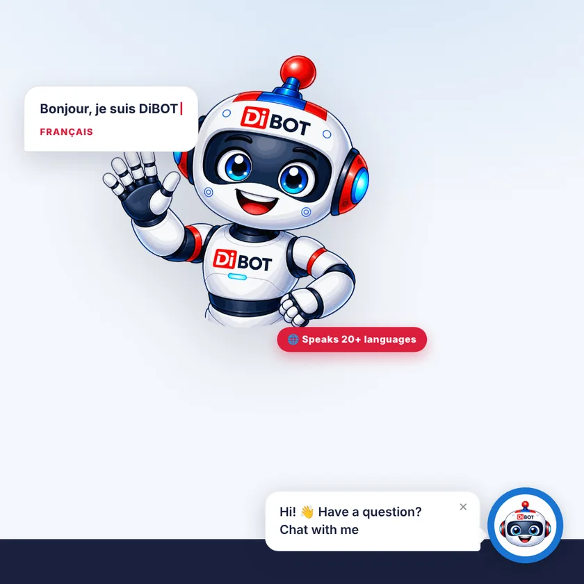 فقاعة محادثة DiBOT مع رسالة الدعوة في زاوية موقع dibot.site
